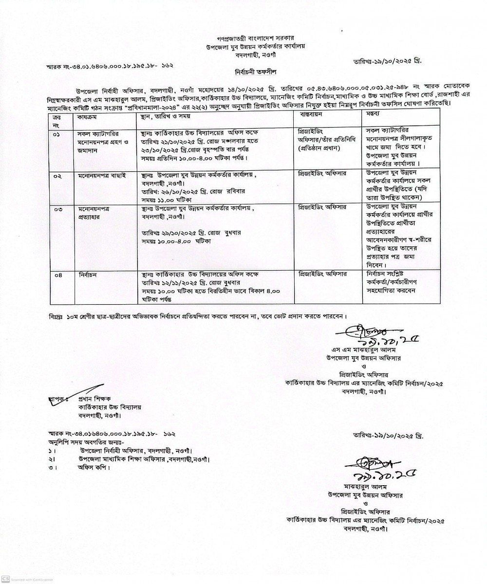 নতুন ম্যানেজিং কমিটি তৈরির নির্বাচনী তফসীল-২০২৫ খ্রি: